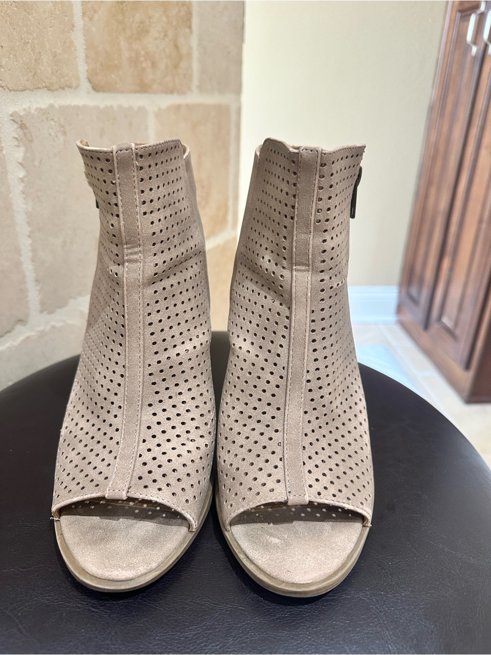 Women's Peep-Toe Perforated Ankle Bootie - Taupe